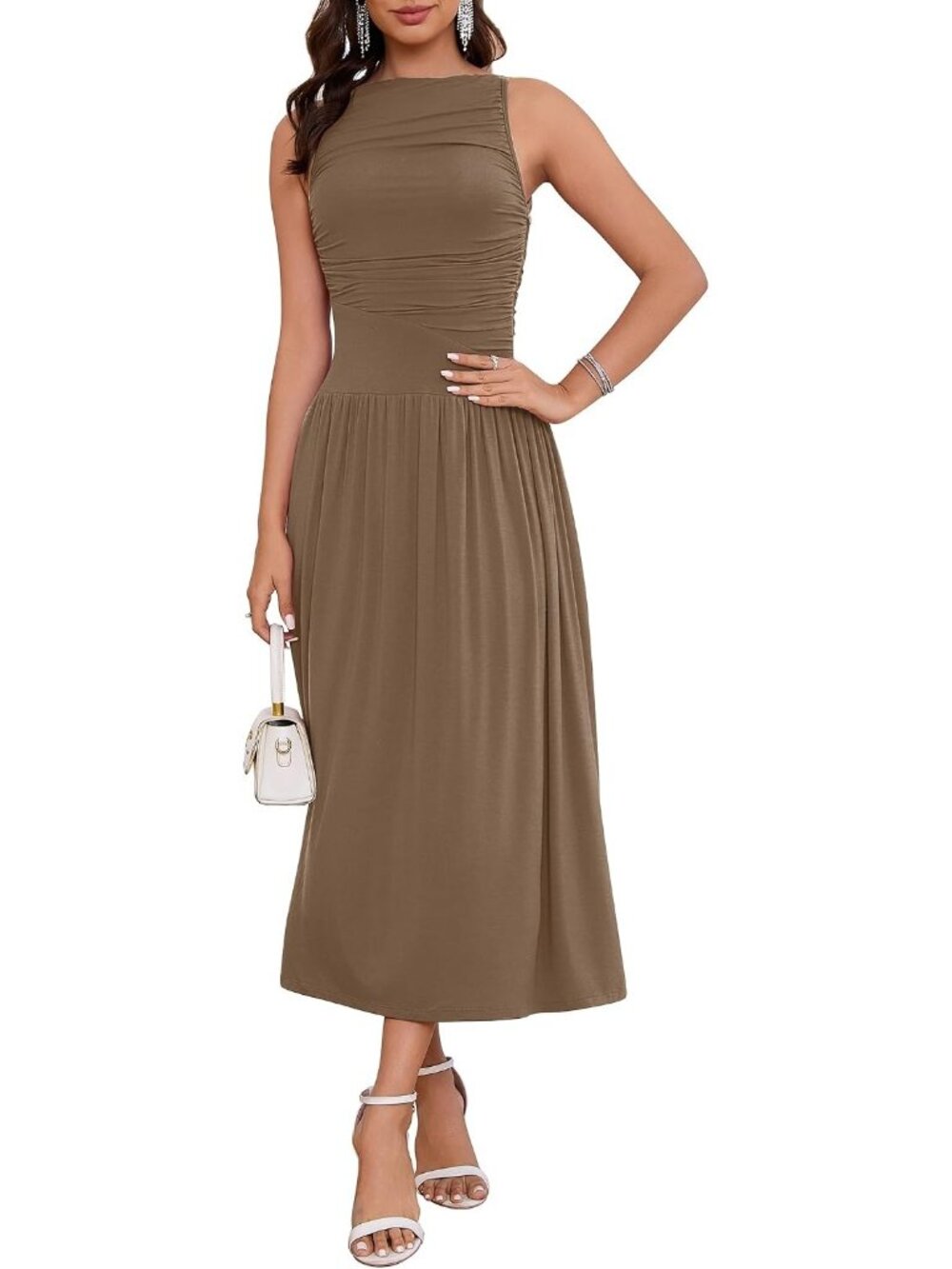 Women's Brown Summer High Neck Drop Waist Formal Wedding Guest Long Maxi Dresses